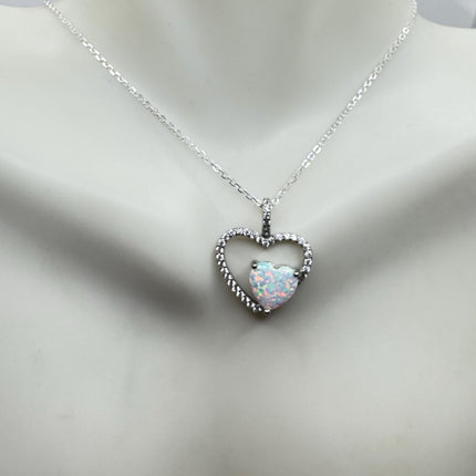 Vintage Opal Heart Necklace - Dainty 925 Sterling Silver Chain, stacking layered