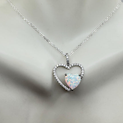 Vintage Opal Heart Necklace - Dainty 925 Sterling Silver Chain, stacking layered