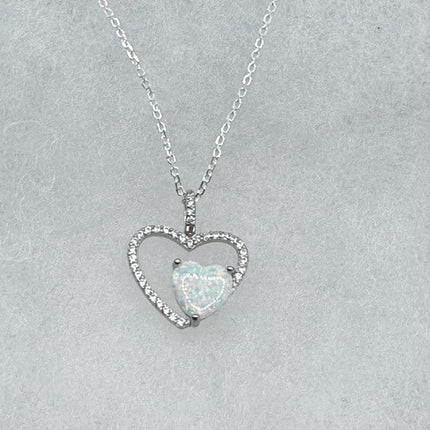 Vintage Opal Heart Necklace - Dainty 925 Sterling Silver Chain, stacking layered