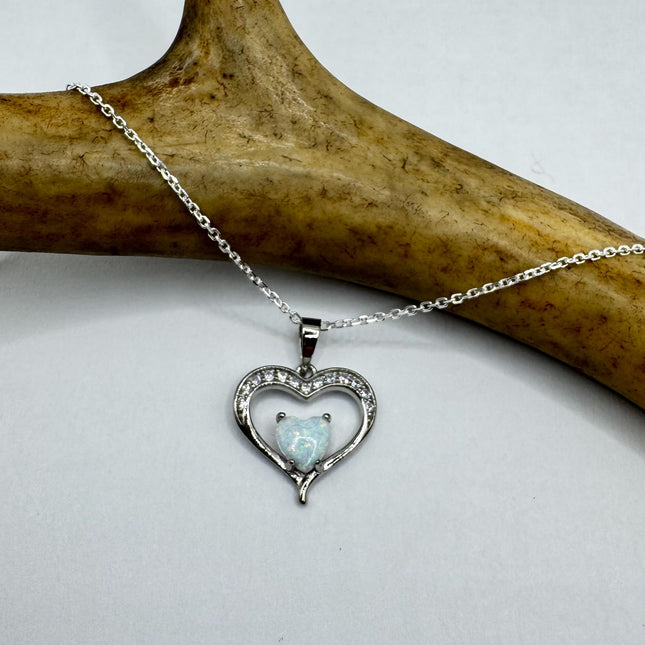 Vintage Opal Heart Necklace - Dainty 925 Sterling Silver Chain, stacking layered