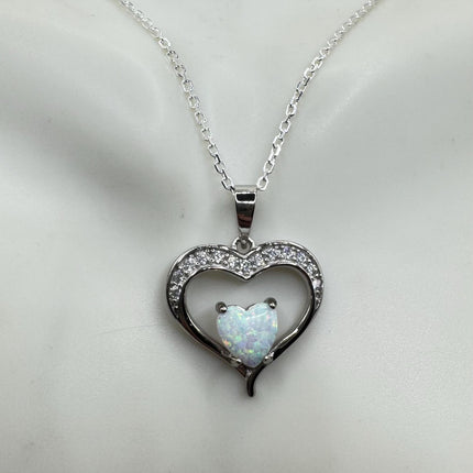 Vintage Opal Heart Necklace - Dainty 925 Sterling Silver Chain, stacking layered