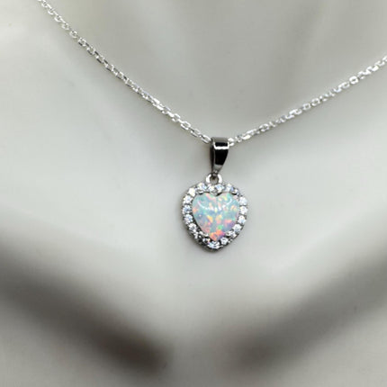 Vintage Opal Heart Necklace - Dainty 925 Sterling Silver Chain, stacking layered