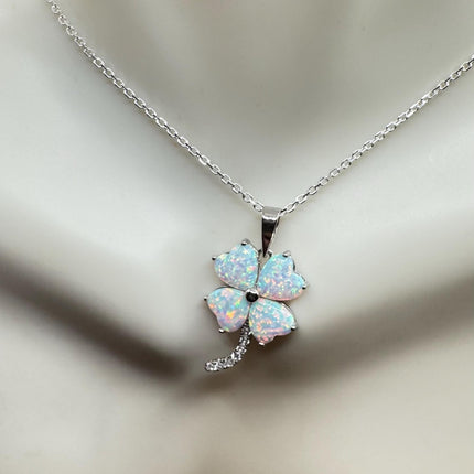 Vintage Opal Heart 4 Leaf Clover Necklace - Dainty 925 Sterling Silver Chain, stacking layered