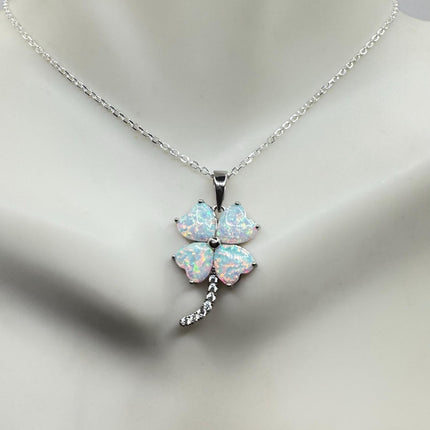 Vintage Opal Heart 4 Leaf Clover Necklace - Dainty 925 Sterling Silver Chain, stacking layered