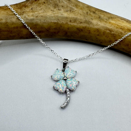 Vintage Opal Heart 4 Leaf Clover Necklace - Dainty 925 Sterling Silver Chain, stacking layered