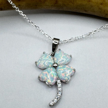 Vintage Opal Heart 4 Leaf Clover Necklace - Dainty 925 Sterling Silver Chain, stacking layered