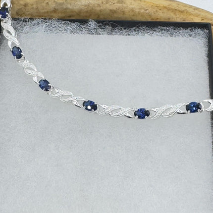 Vintage Tennis Bracelet Blue Sapphire and Diamond Chip Set in 925 Sterling Silver