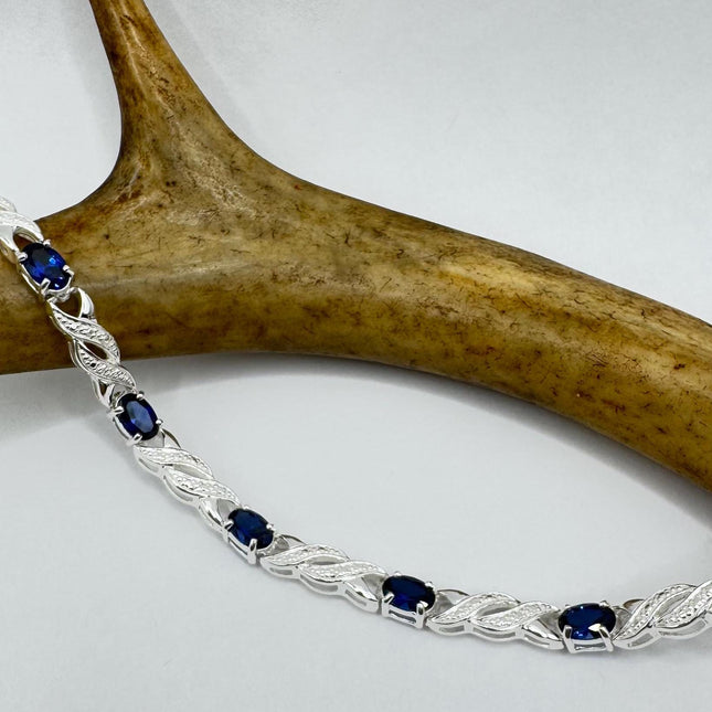 Vintage Tennis Bracelet Blue Sapphire and Diamond Chip Set in 925 Sterling Silver