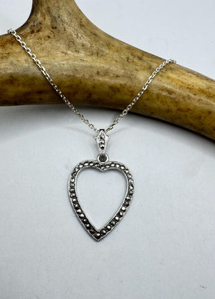 Vintage Marcasite Heart Necklace Dainty 925 Sterling Silver Chain, Delicate Design