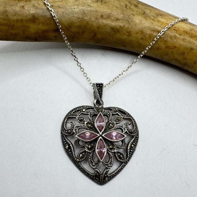 Vintage Marcasite Heart Necklace Dainty 925 Sterling Silver Chain, Delicate Design