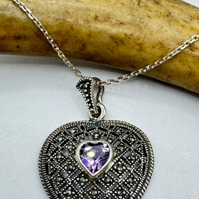 Vintage Marcasite purple amethyst Heart Necklace Dainty 925 Sterling Silver Chain, Delicate Design