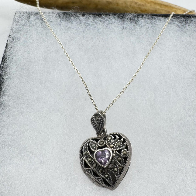 Vintage Marcasite purple amethyst Heart Necklace Dainty 925 Sterling Silver Chain, Delicate Design