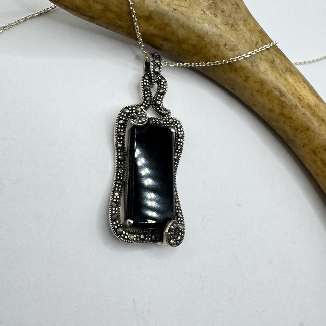 vintage Black Onyx marcasite Pendant Ribbon Choker Necklace | 925 Sterling Silver Necklace