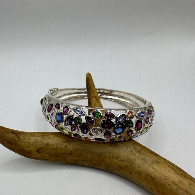 Vintage Silver Cuff | Mixed Citrine Amethyst Blue Topaz Peridot Garnet Gemstone Bangle Cuff Bracelet | Rhodium Finished 925 Sterling Silver
