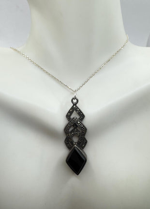 Vintage Black Onyx Marcasite Choker Necklace - 925 Sterling Silver Gemstone Pendant Necklace