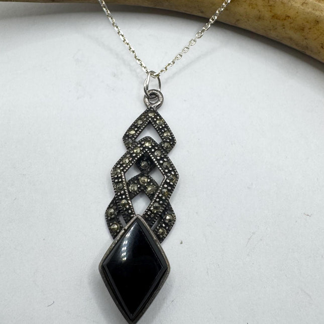 Vintage Black Onyx Marcasite Choker Necklace - 925 Sterling Silver Gemstone Pendant Necklace