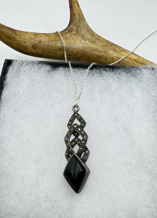 Vintage Black Onyx Marcasite Choker Necklace - 925 Sterling Silver Gemstone Pendant Necklace