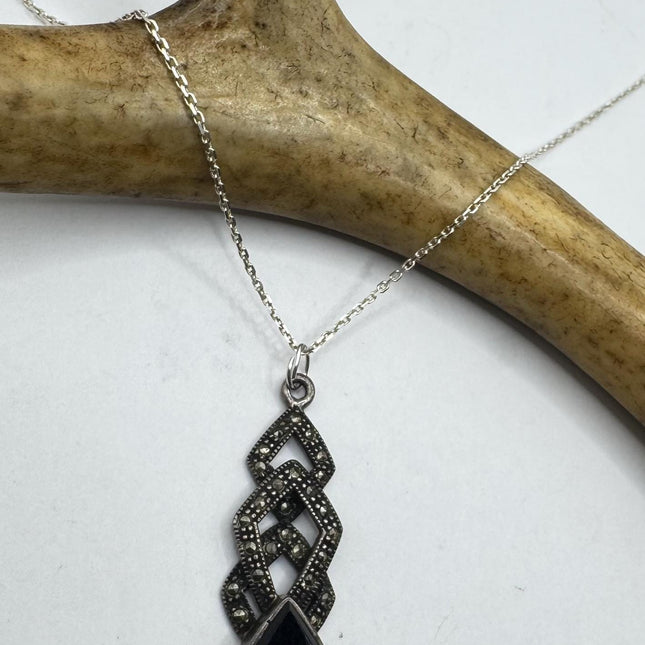 Vintage Black Onyx Marcasite Choker Necklace - 925 Sterling Silver Gemstone Pendant Necklace