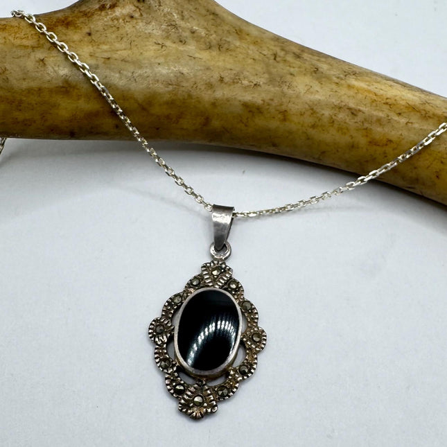 Vintage Black Onyx Marcasite Choker Necklace - 925 Sterling Silver Gemstone Pendant Necklace
