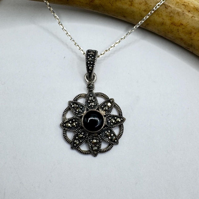 Vintage Black Onyx Marcasite Choker Necklace - 925 Sterling Silver Gemstone Pendant Necklace