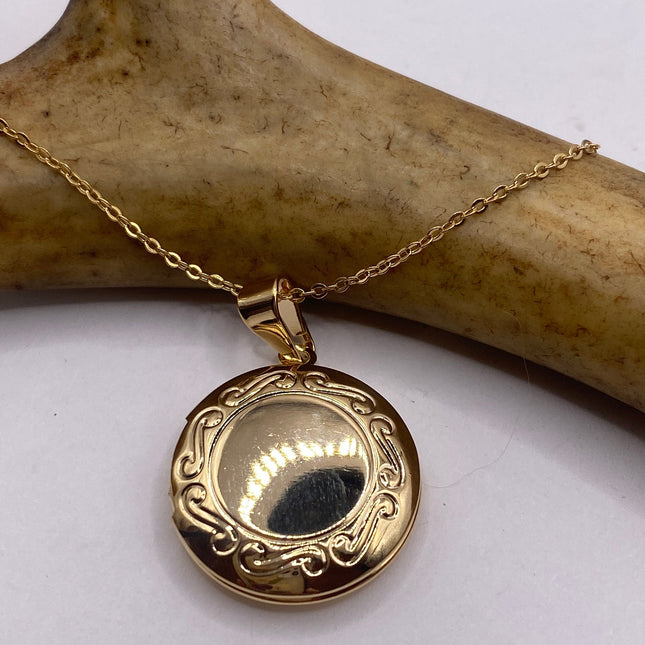 Vintage Gold Locket | Tiny Round Etched Engraved 9K Gold Filled Photo Memory Locket on Delicate Gold Chain | Small Photo Memory Necklace