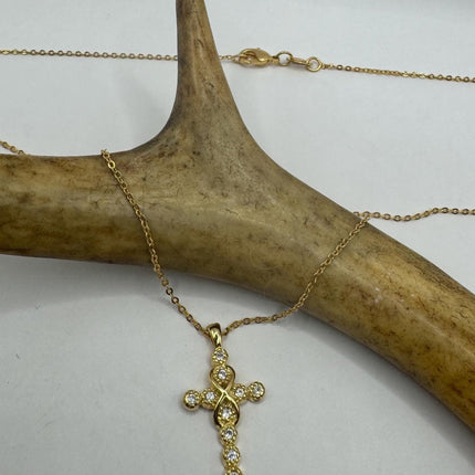 Vintage 9k Gold Filled Tiny Cross on a Gold Filled Chain Necklace - Diamond look, sparkle, minimalist, antique design