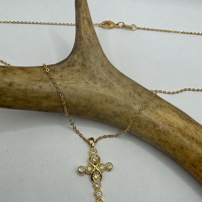Vintage 9k Gold Filled Tiny Cross on a Gold Filled Chain Necklace - Diamond look, sparkle, minimalist, antique design