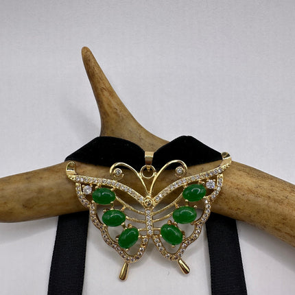 Vintage Green Jade Deco Butterfly Choker Necklace - Golden Bronze
