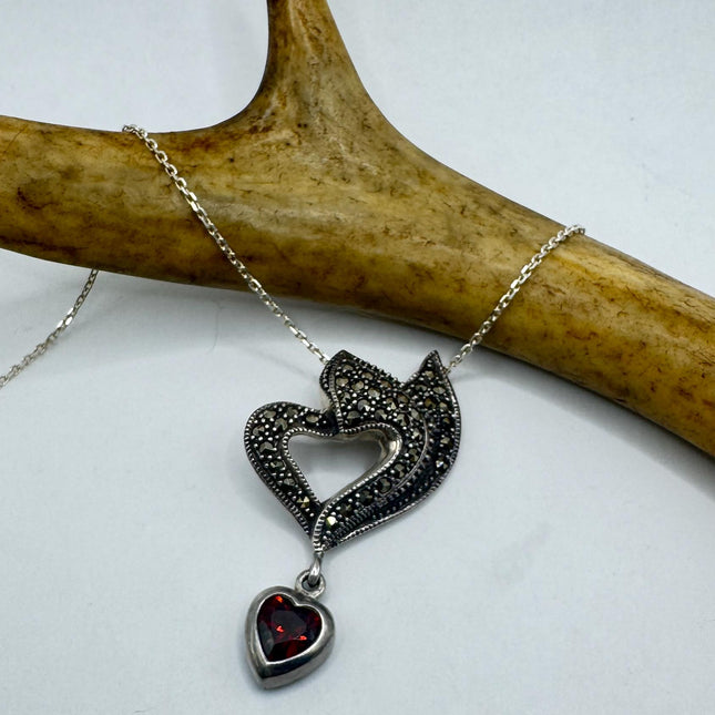 Vintage Marcasite Red Garnet Heart Necklace Dainty 925 Sterling Silver Chain, Delicate Design