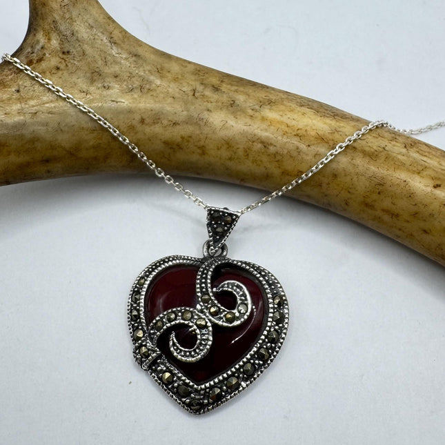 Vintage Marcasite Red Carnelian Heart Necklace Dainty 925 Sterling Silver Chain, Delicate Design