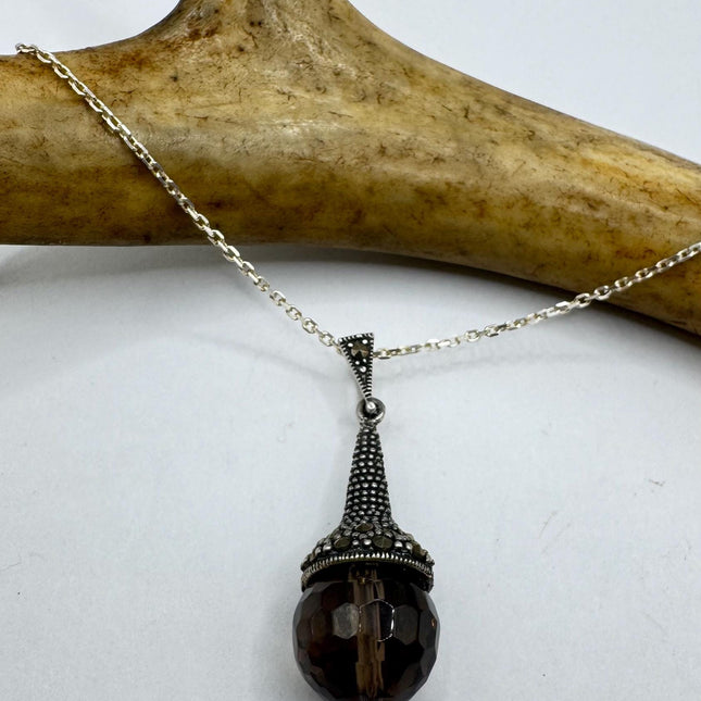 Vintage Marcasite Smoky Topaz Necklace Dainty 925 Sterling Silver Chain, Delicate Design