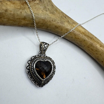 Vintage Smoky Topaz Heart Necklace Dainty 925 Sterling Silver Chain, Delicate Design