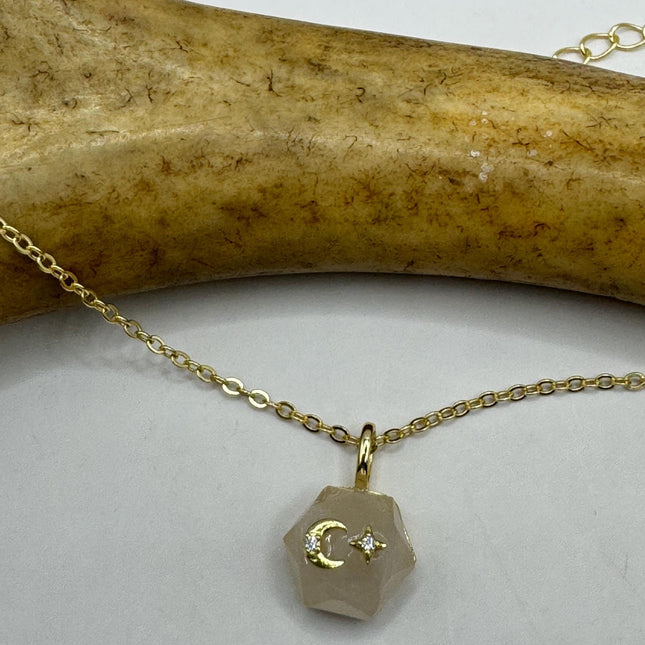 Vintage Moon Star Islam | Tiny Gold Charm Necklace | Pink Rose Quartz Gemstone Dainty Gold 925 Sterling Silver l Minimalist Mini Necklace