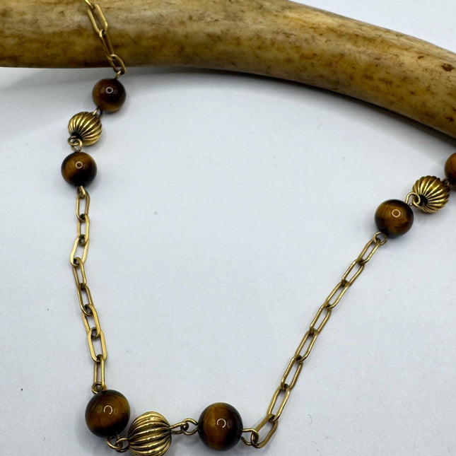 Vintage Tiny Gold Charm Necklace |Tigers Eye Gemstone Dainty Gold Filled Chain Necklace