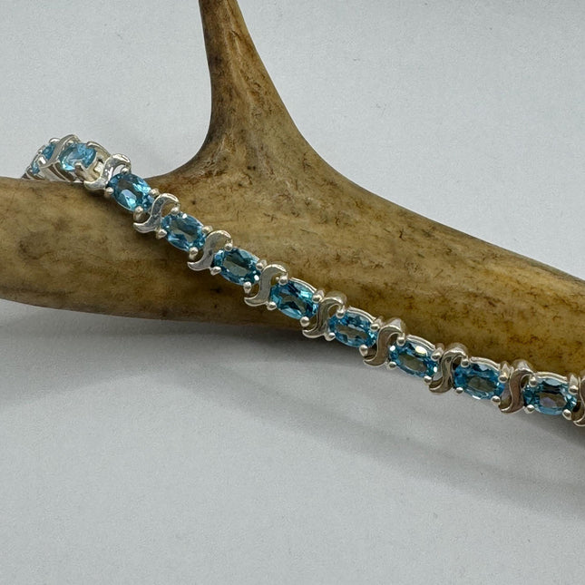 Vintage Silver Tennis Bracelet | Blue Topaz 925 Sterling Silver Box Bracelet | Something Blue