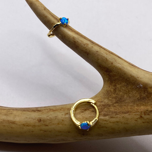 Tiny Gold Earrings | Mini Blue Fire Opal Gemstone | Golden 925 Sterling Silver Dainty Dangle Hoop Loop Huggie Earrings | Something Blue