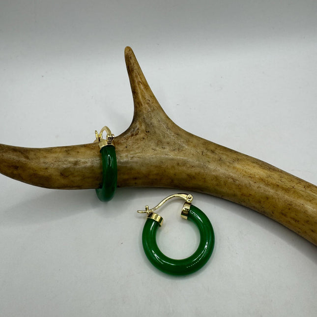 Vintage Green Jade Gold Lucky Hoop Earrings