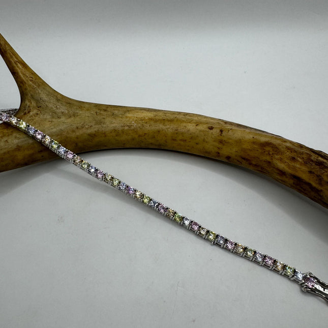 Vintage Pastel Silver Tennis Bracelet | CZ Crystal Rainbow 925 Sterling Silver Bracelet | Elegant Everyday Wedding or Prom