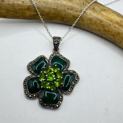 Vintage Green Onyx flower Pendant Necklace
