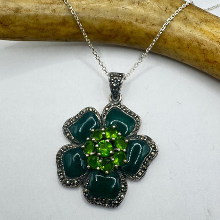 Vintage Green Onyx flower Pendant Necklace