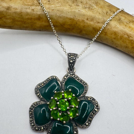 Vintage Green Onyx flower Pendant Necklace
