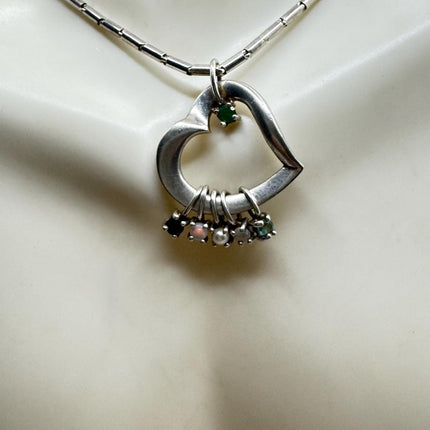 Vintage Green Emerald opal pearl sapphire 925 Sterling Silver Floating Heart Choker Necklace