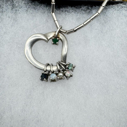 Vintage Green Emerald opal pearl sapphire 925 Sterling Silver Floating Heart Choker Necklace