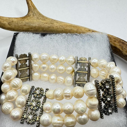 Vintage Pearl Gold Silver Tennis Bracelet