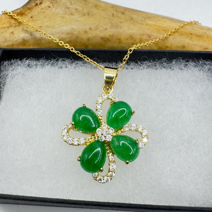 Vintage Green Jade 4 Leaf clover Pendant Necklace Golden 925 Sterling Silver Chain
