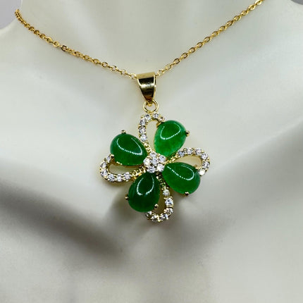 Vintage Green Jade 4 Leaf clover Pendant Necklace Golden 925 Sterling Silver Chain