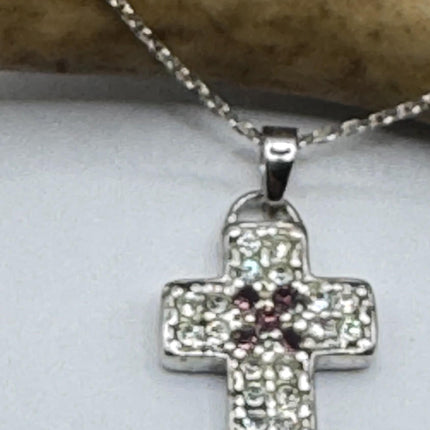 Vintage Silver Cross Pendant | Small Religious Charm Pendant Cubic Zirconia Crystal Diamond | 925 Sterling Silver Chain Prayer Necklace