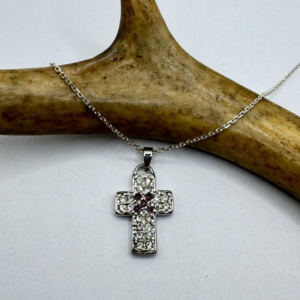 Vintage Silver Cross Pendant | Small Religious Charm Pendant Cubic Zirconia Crystal Diamond | 925 Sterling Silver Chain Prayer Necklace