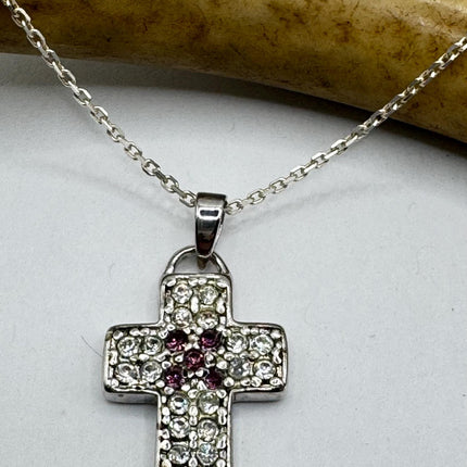 Vintage Silver Cross Pendant | Small Religious Charm Pendant Cubic Zirconia Crystal Diamond | 925 Sterling Silver Chain Prayer Necklace