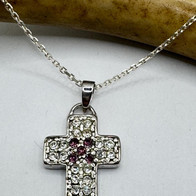 Vintage Silver Cross Pendant | Small Religious Charm Pendant Cubic Zirconia Crystal Diamond | 925 Sterling Silver Chain Prayer Necklace